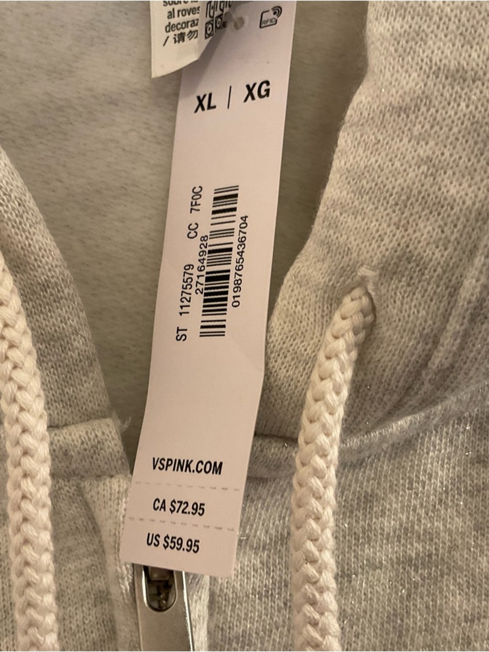 PINK Victoria’s Secret Campus Fleece Full Zip Hoodie - NWT - XL Snow Heather - Picture 6 of 9